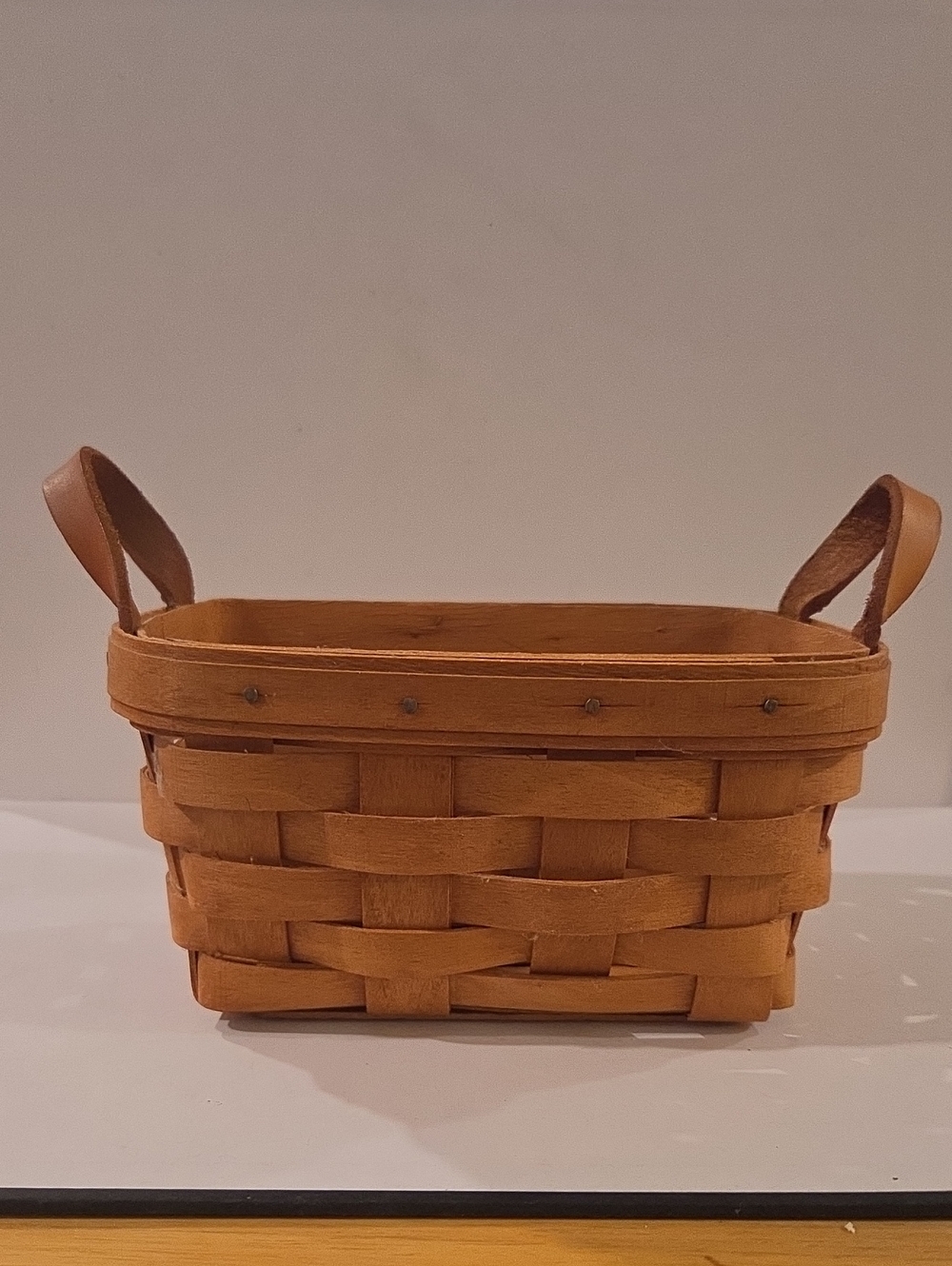 Longaberger VTG 1990 Mini Tea Basket w/ Double Leather Handle Handwoven